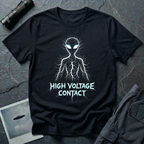 High Voltage Contact electric alien t-shirt — grey alien figure formed from lightning branches with glowing cyan eyes and jagged "High Voltage Contact" text on black cotton tee