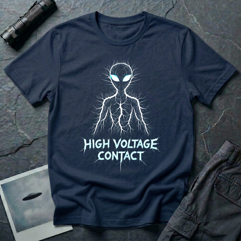 High Voltage Contact electric alien t-shirt — grey alien figure formed from lightning branches with glowing cyan eyes and jagged "High Voltage Contact" text on navy cotton tee