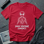 High Voltage Contact electric alien t-shirt — grey alien figure formed from lightning branches with glowing cyan eyes and jagged "High Voltage Contact" text on red cotton tee