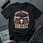 Black t-shirt with traditional tattoo style alien head, roses, UFO, and reaching hands with Human Unknown Contact Observe Record Remember text