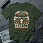 Military green t-shirt with traditional tattoo style alien head, roses, UFO, and reaching hands with Human Unknown Contact Observe Record Remember text