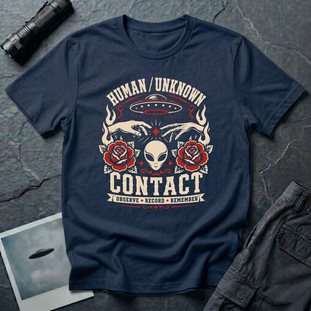 Navy blue t-shirt with traditional tattoo style alien head, roses, UFO, and reaching hands with Human Unknown Contact Observe Record Remember text