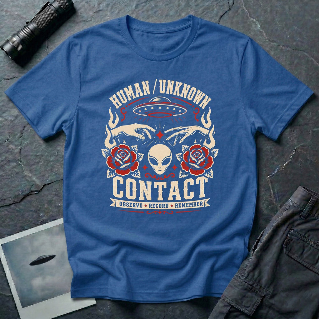 Royal blue t-shirt with traditional tattoo style alien head, roses, UFO, and reaching hands with Human Unknown Contact Observe Record Remember text