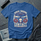 Royal blue t-shirt with traditional tattoo style alien head, roses, UFO, and reaching hands with Human Unknown Contact Observe Record Remember text