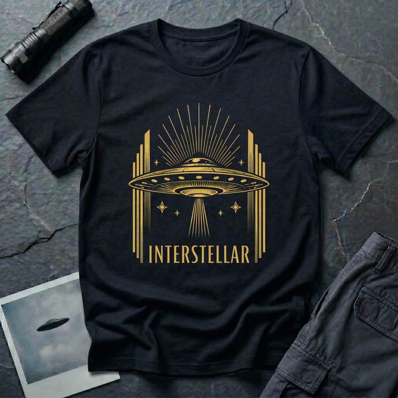 Interstellar Art Deco UFO t-shirt — flying saucer with stepped skyscraper verticals and sunburst rays in gold on black cotton tee