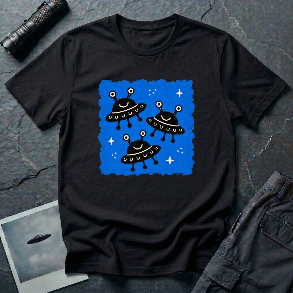 Little Visitors The Fleet UFO t-shirt with three smiling black saucers in formation on blue