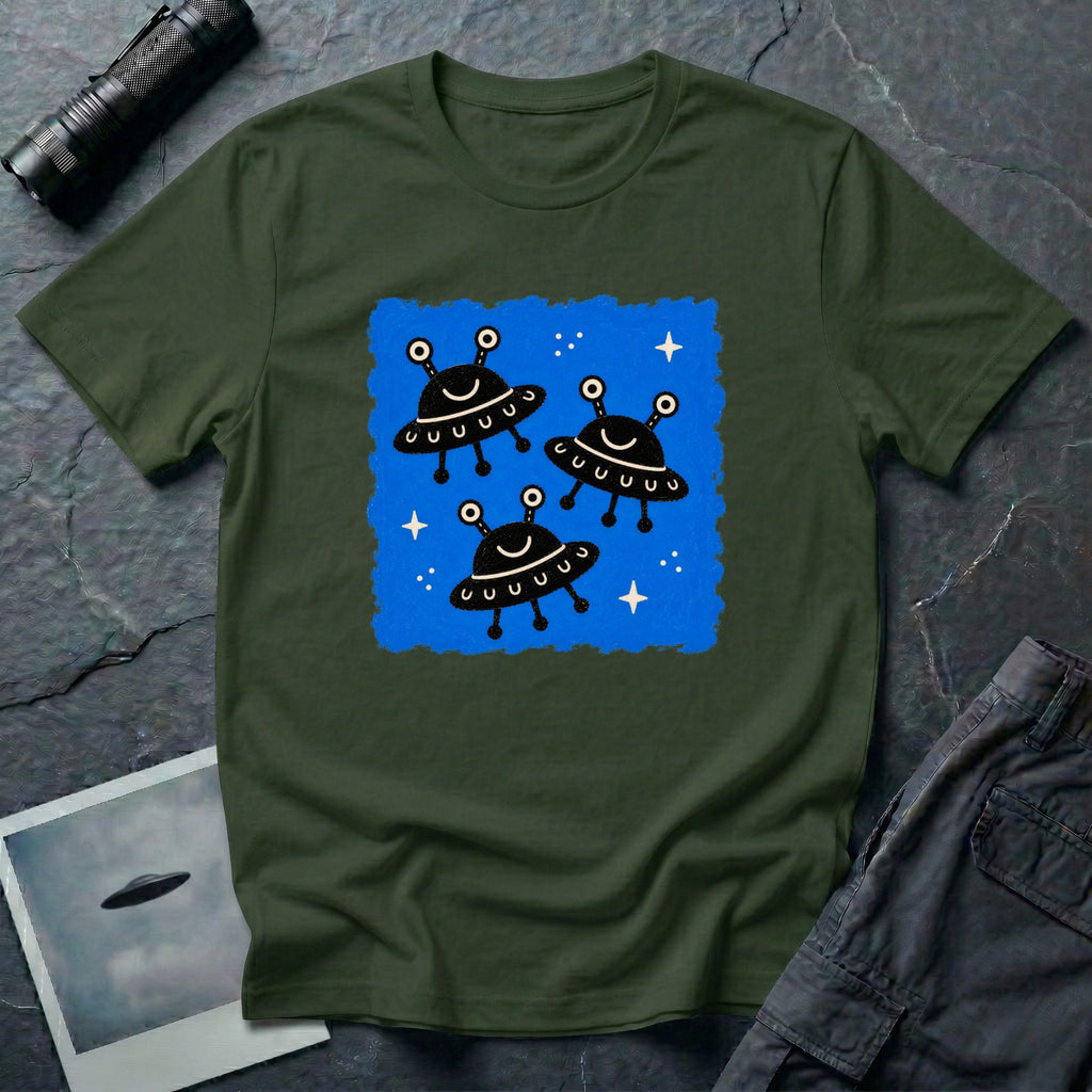 Little Visitors The Fleet UFO t-shirt with three smiling black saucers in formation on blue
