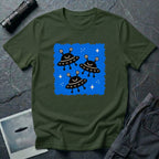 Little Visitors The Fleet UFO t-shirt with three smiling black saucers in formation on blue