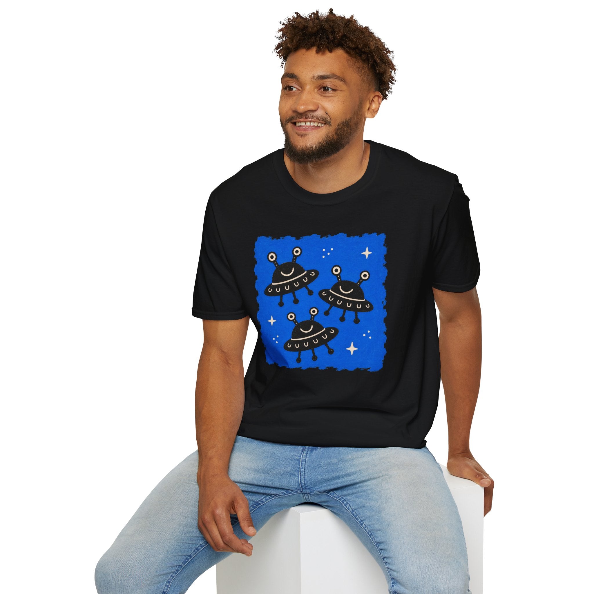 Little Visitors The Fleet UFO t-shirt with three smiling black saucers in formation on blue