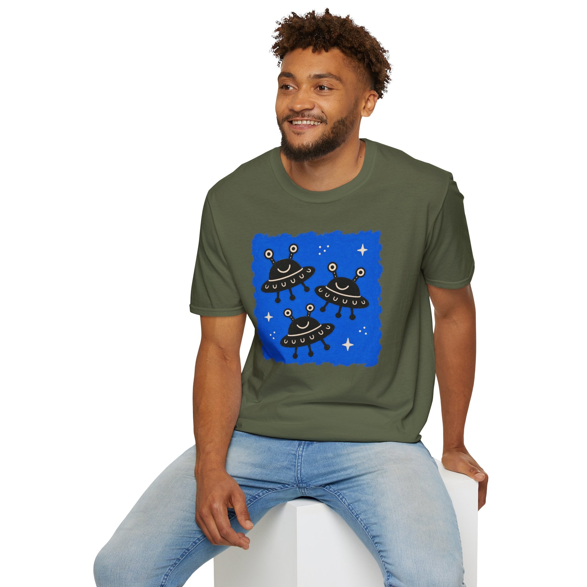 Little Visitors The Fleet UFO t-shirt with three smiling black saucers in formation on blue