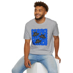Little Visitors The Fleet UFO t-shirt with three smiling black saucers in formation on blue
