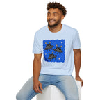 Little Visitors The Fleet UFO t-shirt with three smiling black saucers in formation on blue
