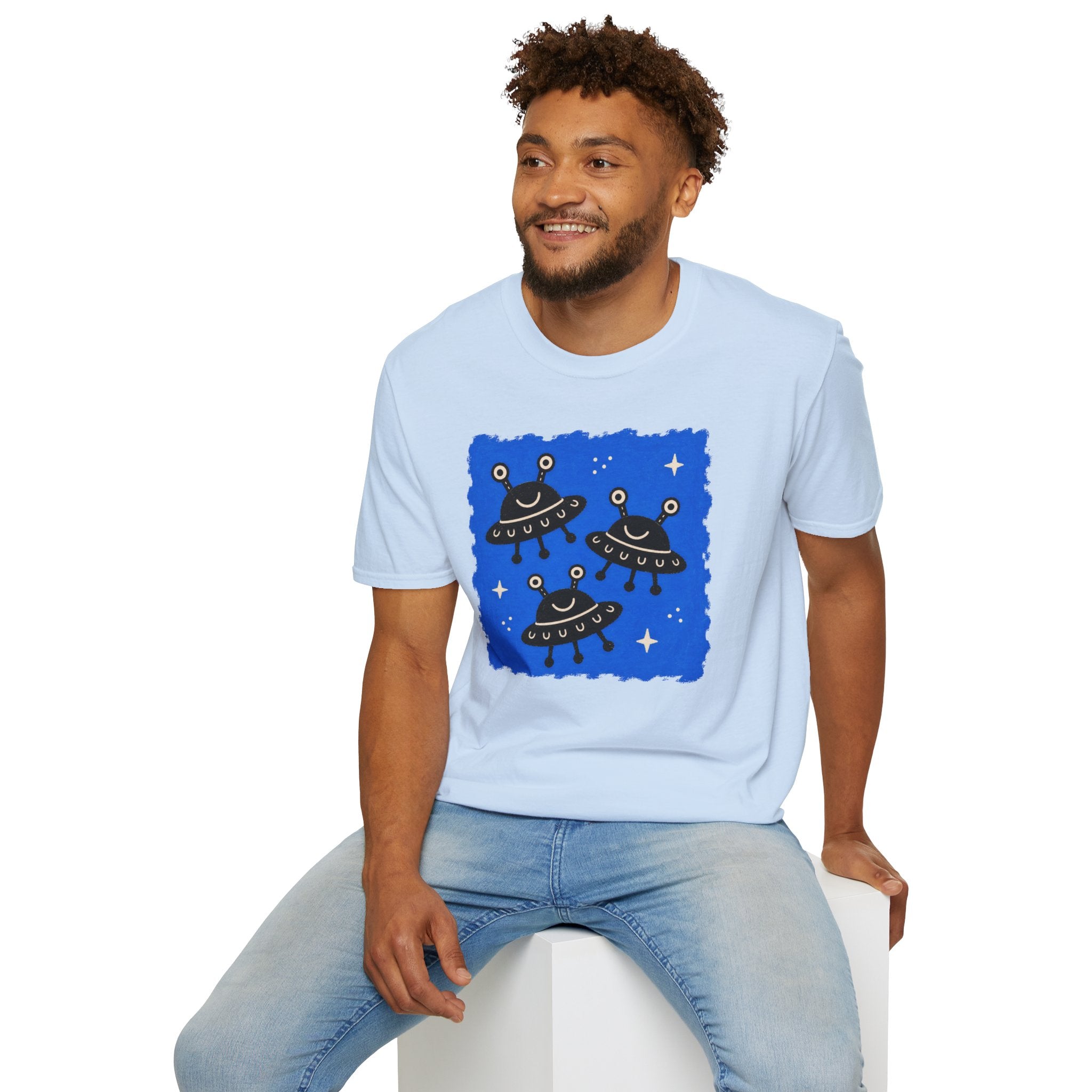 Little Visitors The Fleet UFO t-shirt with three smiling black saucers in formation on blue