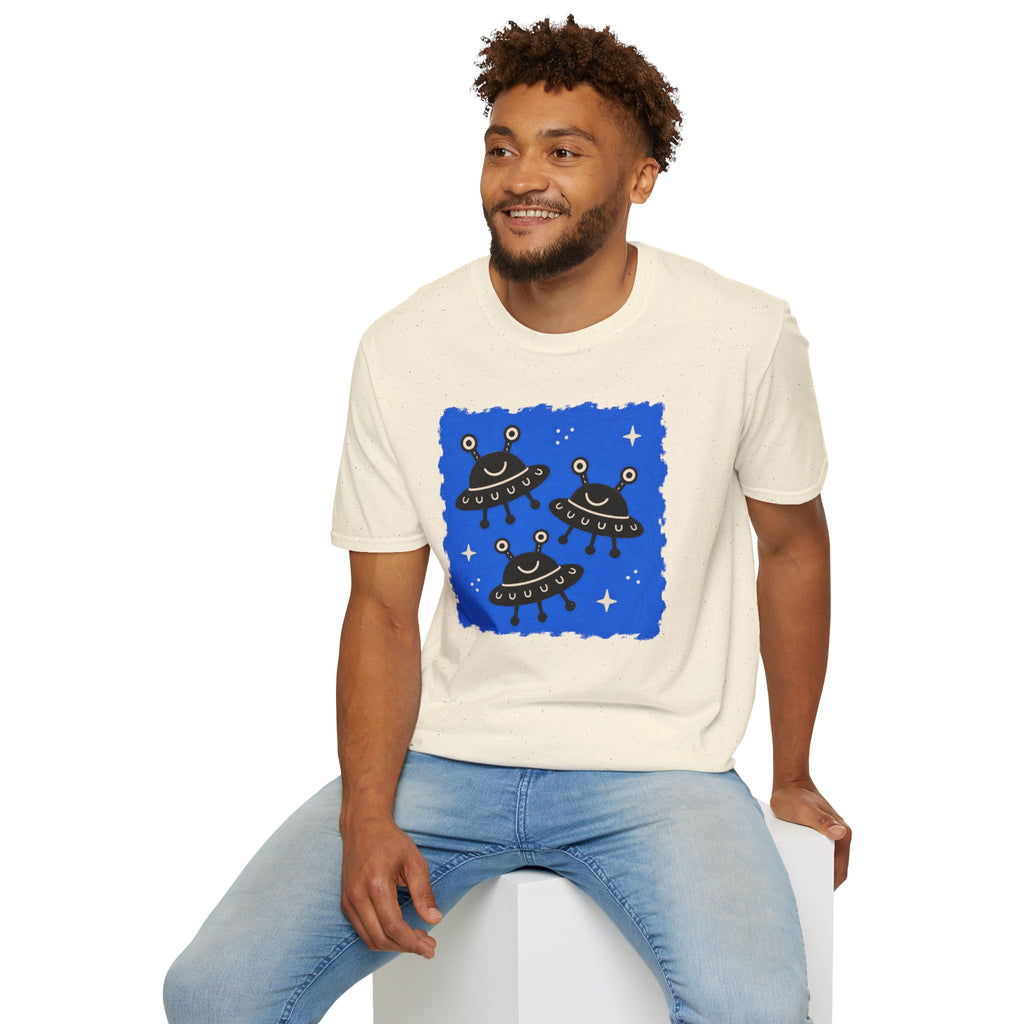 Little Visitors The Fleet UFO t-shirt with three smiling black saucers in formation on blue