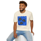 Little Visitors The Fleet UFO t-shirt with three smiling black saucers in formation on blue