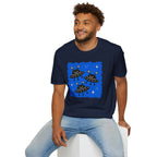 Little Visitors The Fleet UFO t-shirt with three smiling black saucers in formation on blue