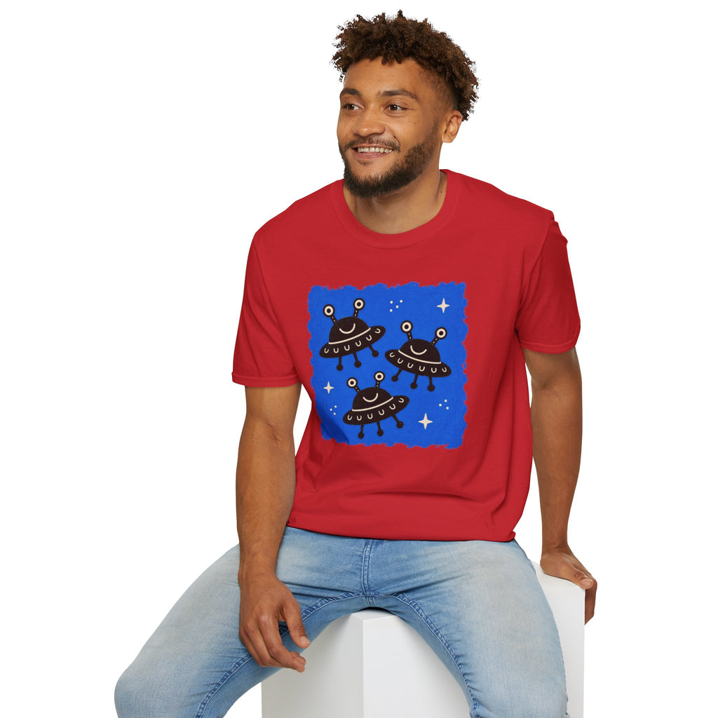 Little Visitors The Fleet UFO t-shirt with three smiling black saucers in formation on blue