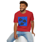 Little Visitors The Fleet UFO t-shirt with three smiling black saucers in formation on blue