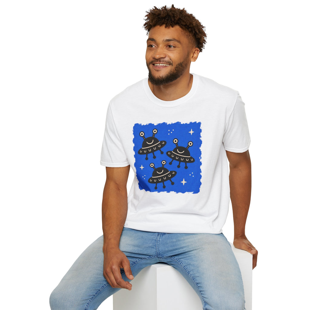Little Visitors The Fleet UFO t-shirt with three smiling black saucers in formation on blue