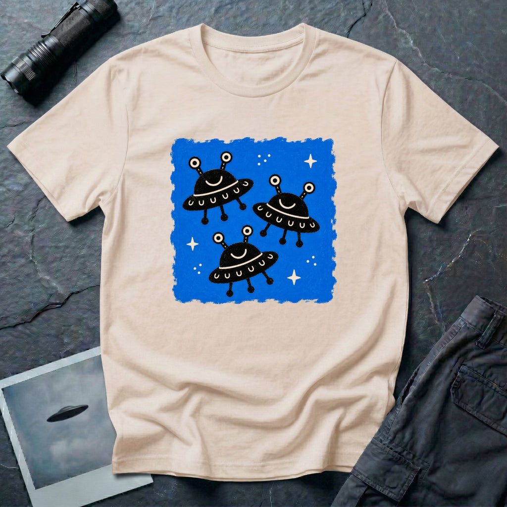 Little Visitors The Fleet UFO t-shirt with three smiling black saucers in formation on blue
