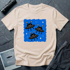 Little Visitors The Fleet UFO t-shirt with three smiling black saucers in formation on blue