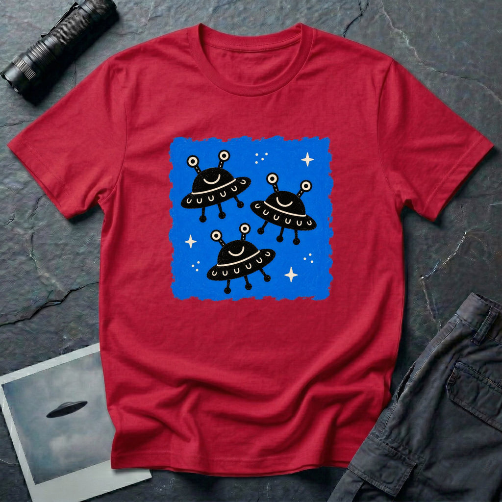 Little Visitors The Fleet UFO t-shirt with three smiling black saucers in formation on blue