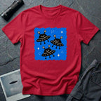 Little Visitors The Fleet UFO t-shirt with three smiling black saucers in formation on blue