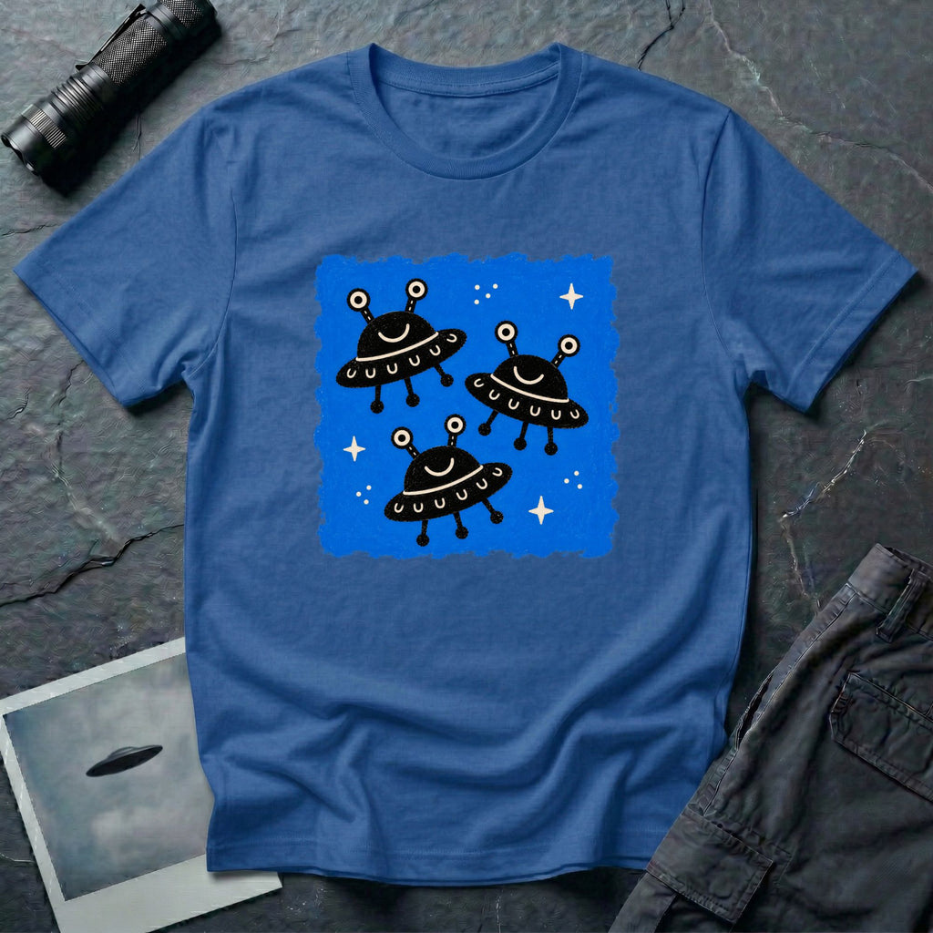 Little Visitors The Fleet UFO t-shirt with three smiling black saucers in formation on blue