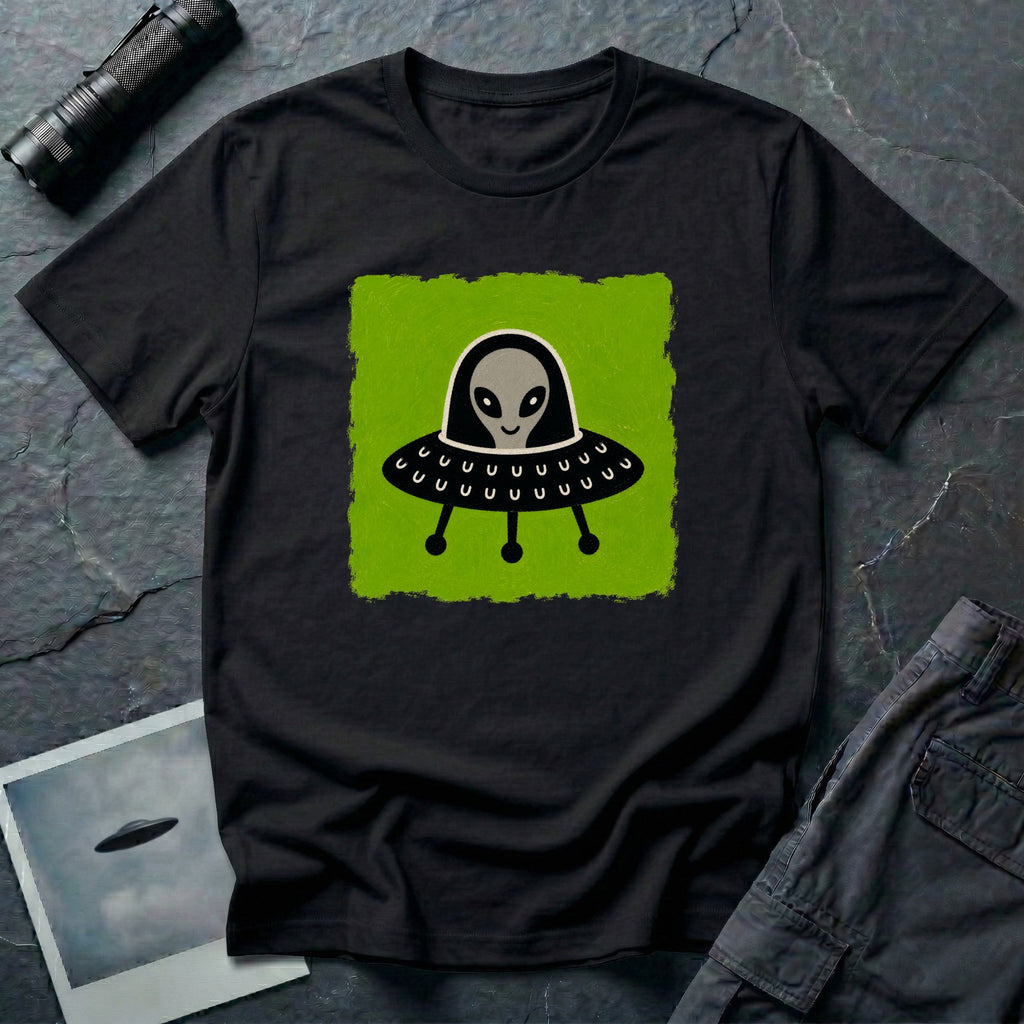 Little Visitors The Pilot UFO t-shirt with friendly grey alien in black saucer on green