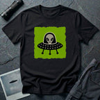 Little Visitors The Pilot UFO t-shirt with friendly grey alien in black saucer on green