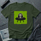 Little Visitors The Pilot UFO t-shirt with friendly grey alien in black saucer on green, miltary green t-shirt