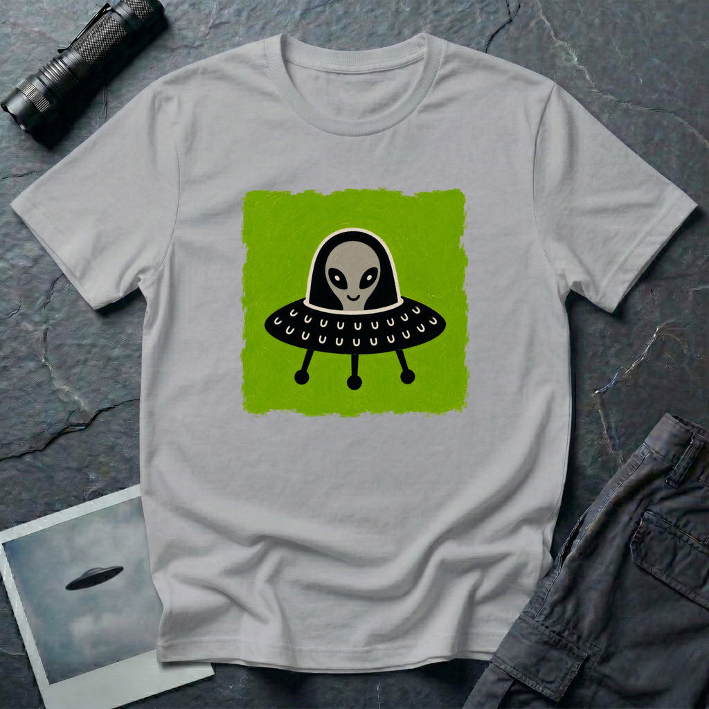 Little Visitors The Pilot UFO t-shirt with friendly grey alien in black saucer on green