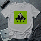 Little Visitors The Pilot UFO t-shirt with friendly grey alien in black saucer on green