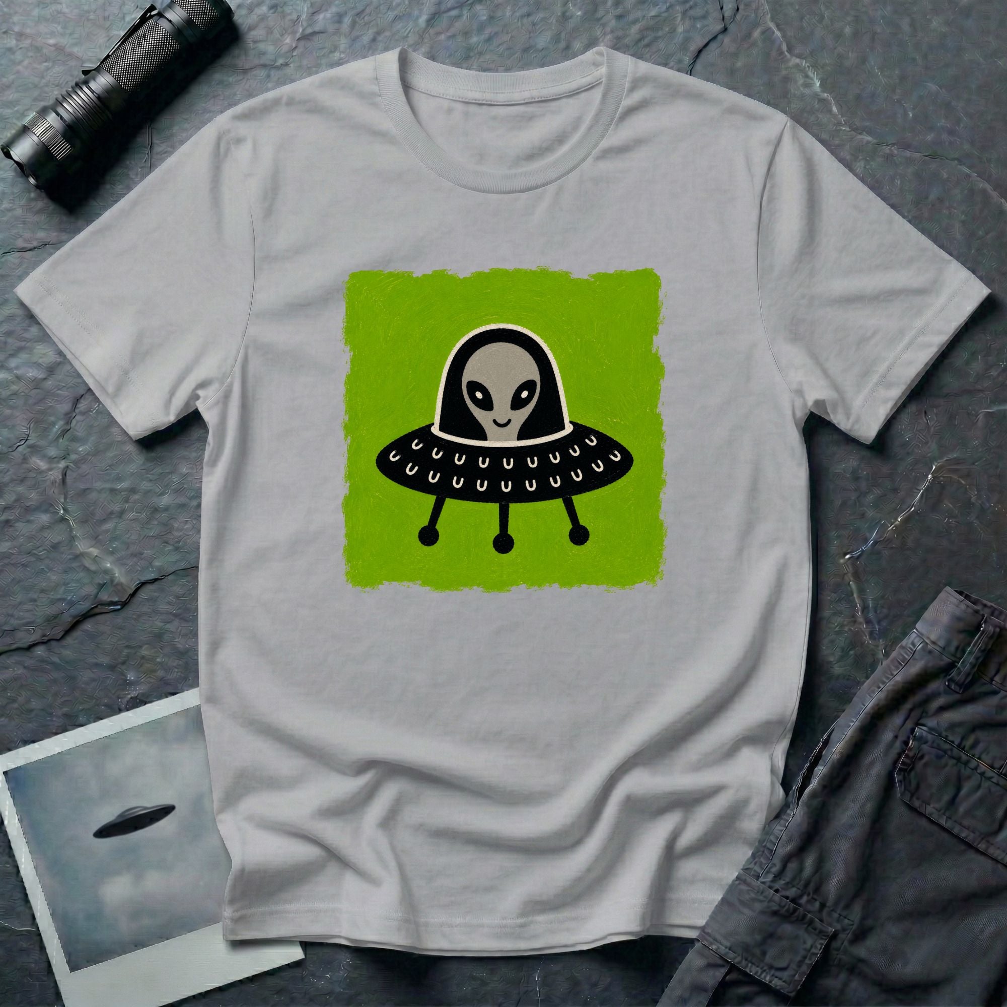 Little Visitors The Pilot UFO t-shirt with friendly grey alien in black saucer on green