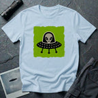 Little Visitors The Pilot UFO t-shirt with friendly grey alien in black saucer on green
