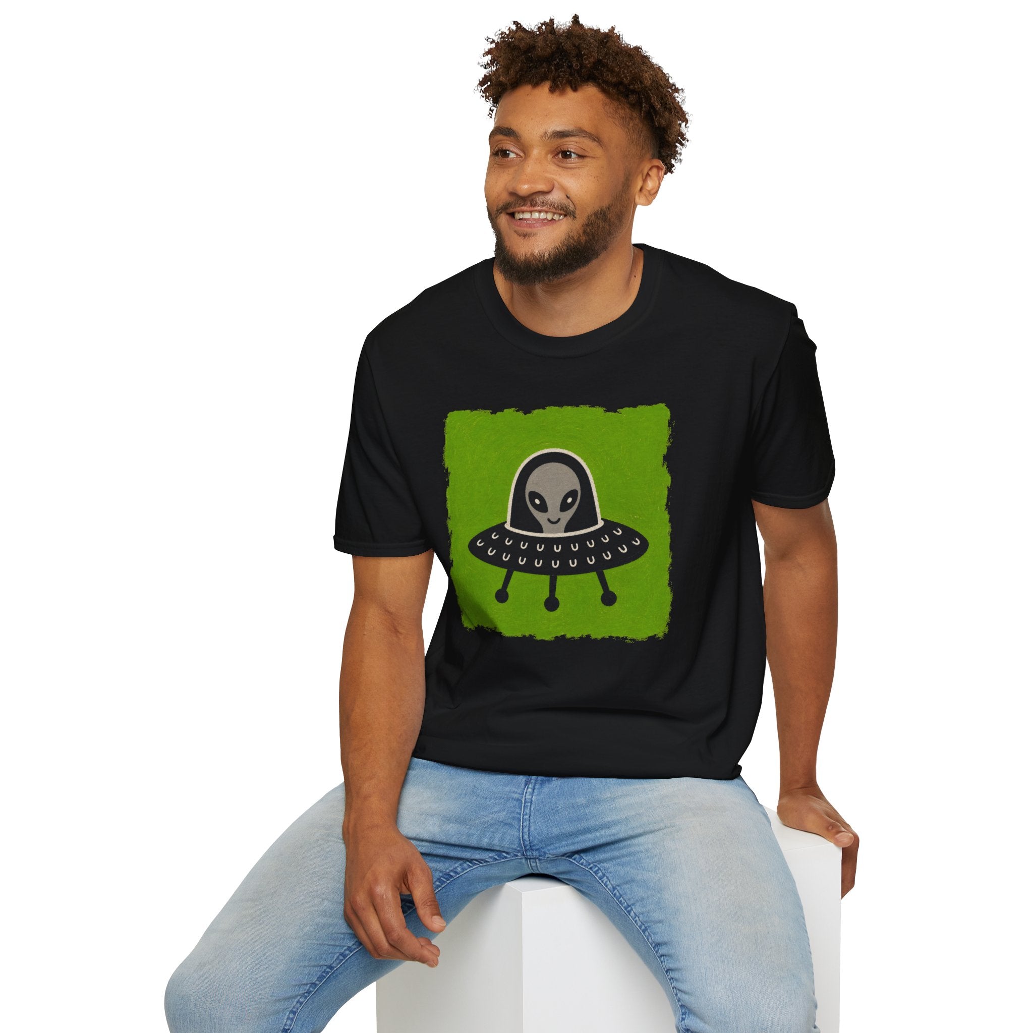 Little Visitors The Pilot UFO t-shirt with friendly grey alien in black saucer on green
