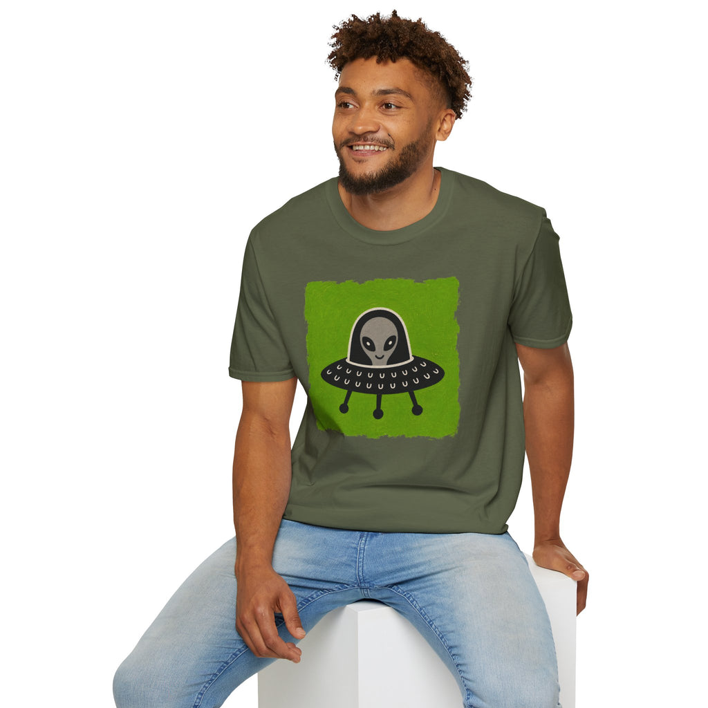 Little Visitors The Pilot UFO t-shirt with friendly grey alien in black saucer on  green, military green t-shirt