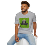 Little Visitors The Pilot UFO t-shirt with friendly grey alien in black saucer on green