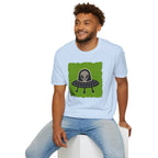 Little Visitors The Pilot UFO t-shirt with friendly grey alien in black saucer on green