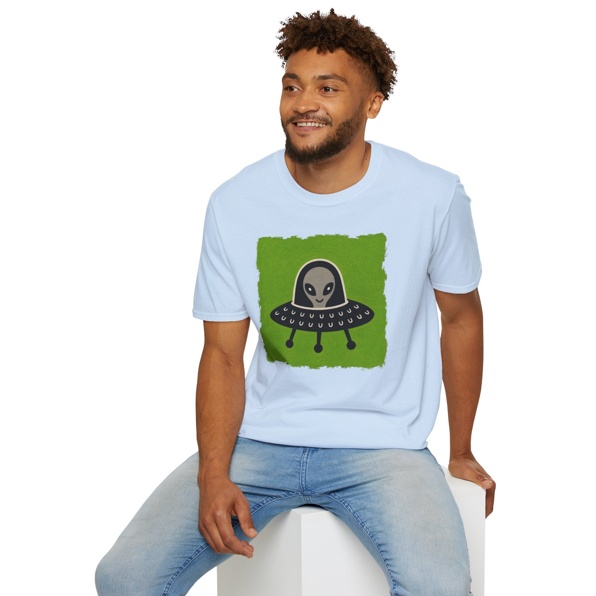 Little Visitors The Pilot UFO t-shirt with friendly grey alien in black saucer on green