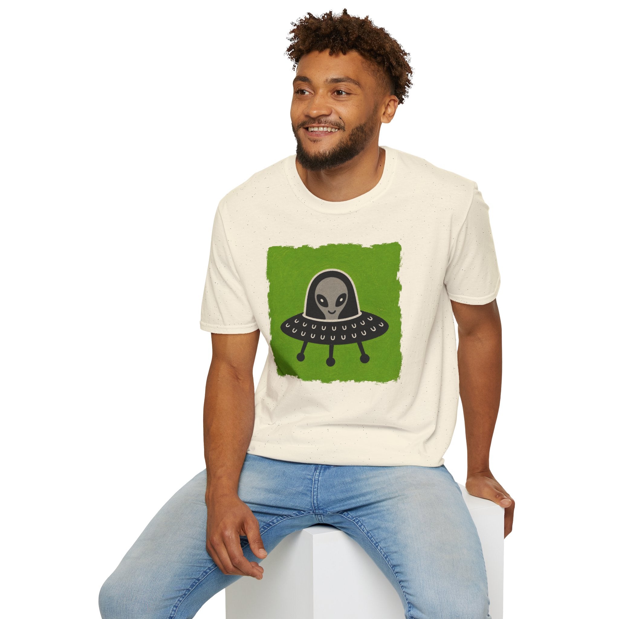 Little Visitors The Pilot UFO t-shirt with friendly grey alien in black saucer on green