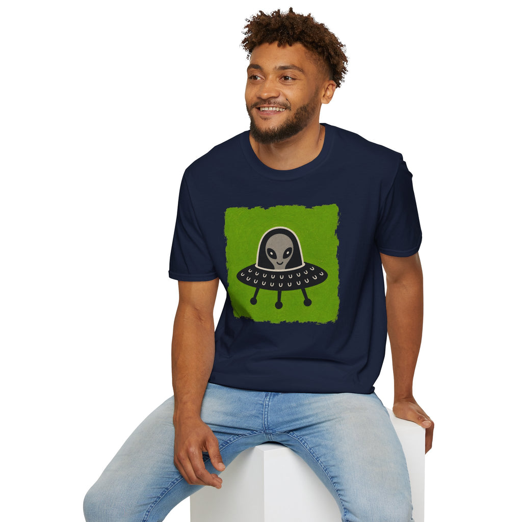 Little Visitors The Pilot UFO t-shirt with friendly grey alien in black saucer on green