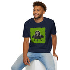 Little Visitors The Pilot UFO t-shirt with friendly grey alien in black saucer on green