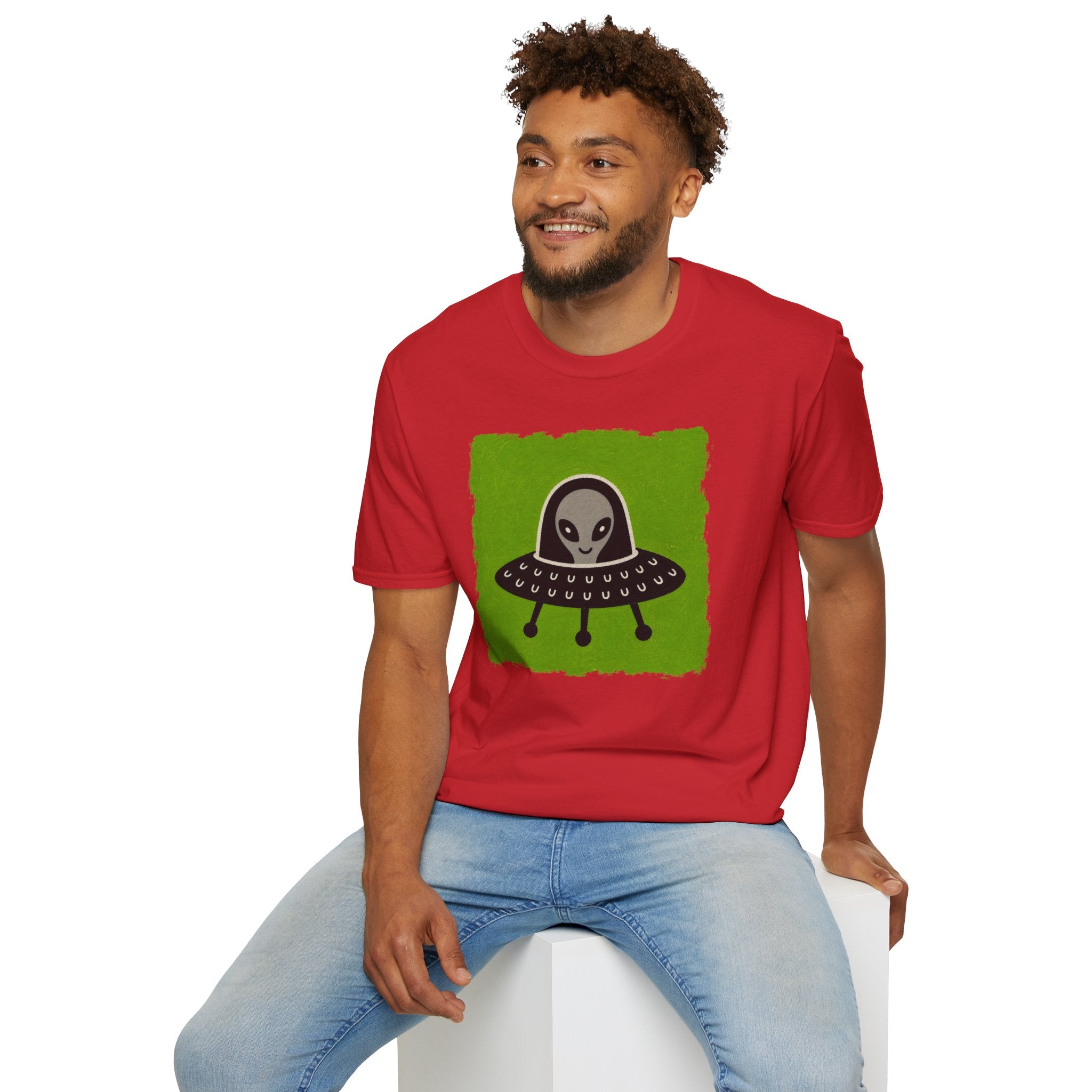 Little Visitors The Pilot UFO t-shirt with friendly grey alien in black saucer on green