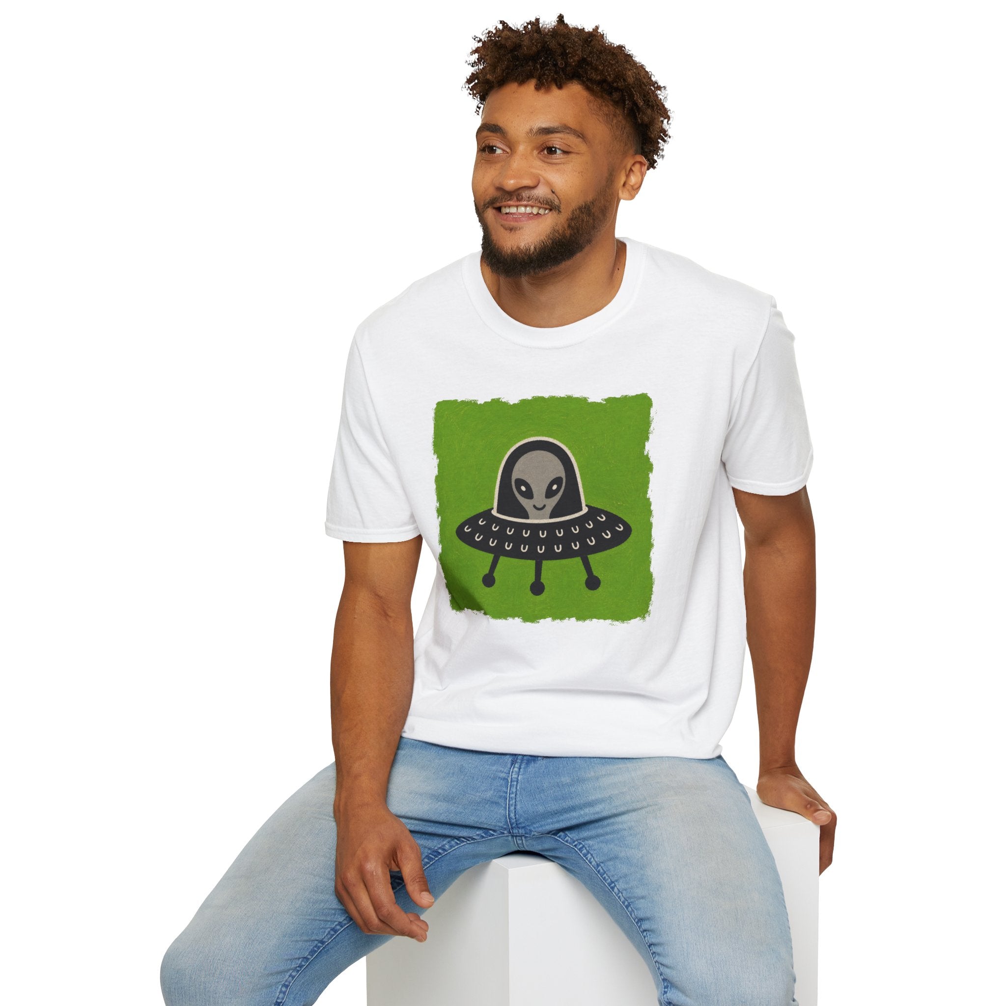 Little Visitors The Pilot UFO t-shirt with friendly grey alien in black saucer on green
