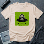 Little Visitors The Pilot UFO t-shirt with friendly grey alien in black saucer on green