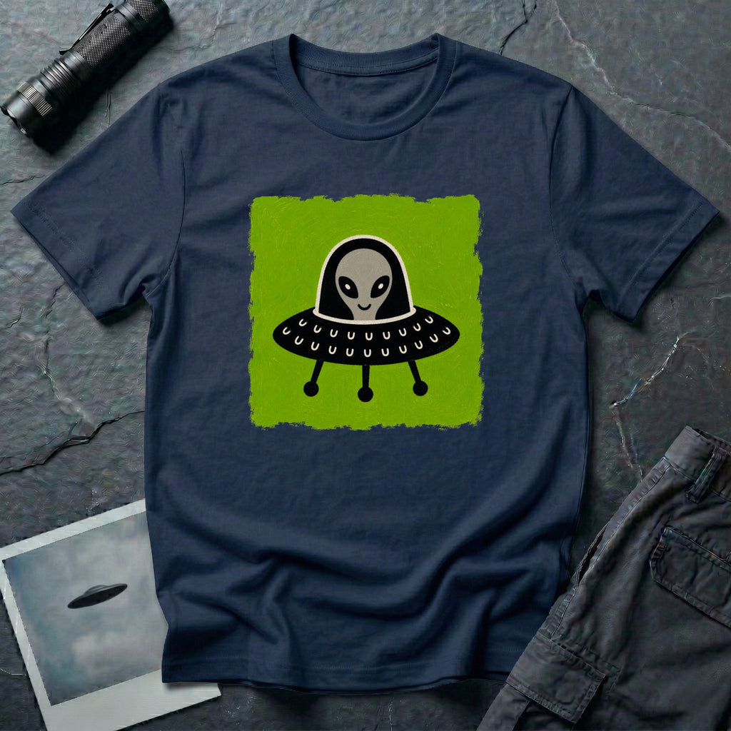 Little Visitors The Pilot UFO t-shirt with friendly grey alien in black saucer on green