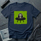 Little Visitors The Pilot UFO t-shirt with friendly grey alien in black saucer on green