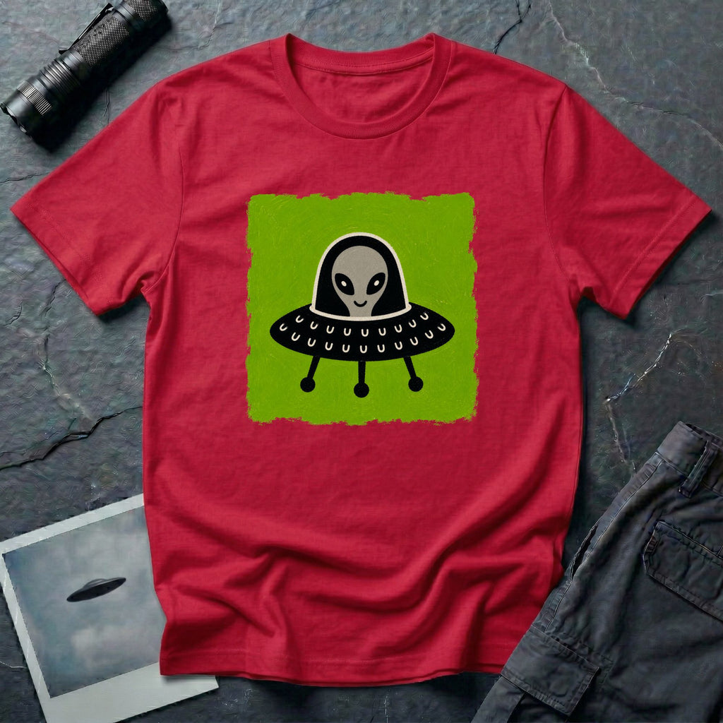 Little Visitors The Pilot UFO t-shirt with friendly grey alien in black saucer on green
