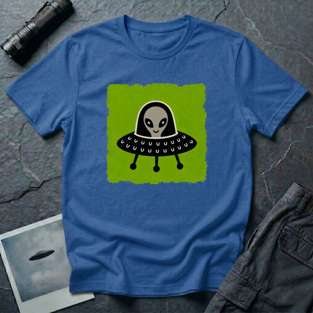 Little Visitors The Pilot UFO t-shirt with friendly grey alien in black saucer on green